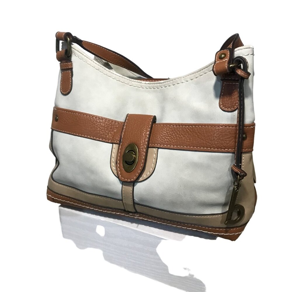 B.Ø.C Double Handle White & Brown Faux Leather Purse With Front Turn-Lock & Zipp